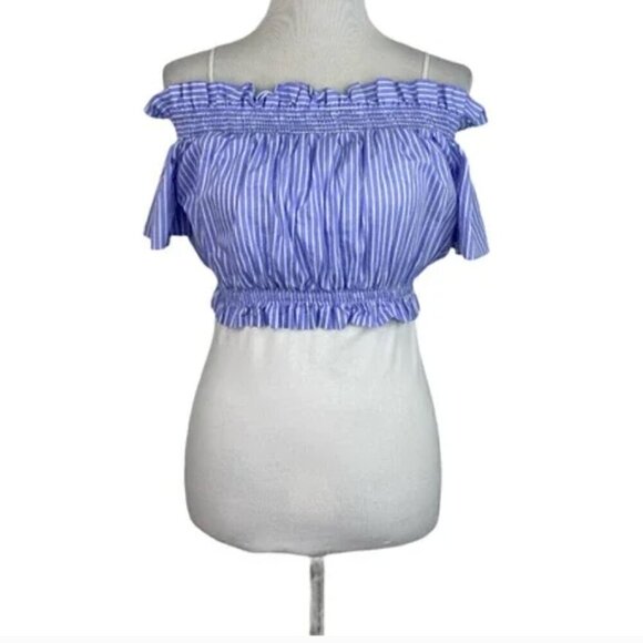 Zara Crop Top XS Off Shoulder Striped Ruffle Back Tie Summer Blue White Cinched - Picture 5 of 10